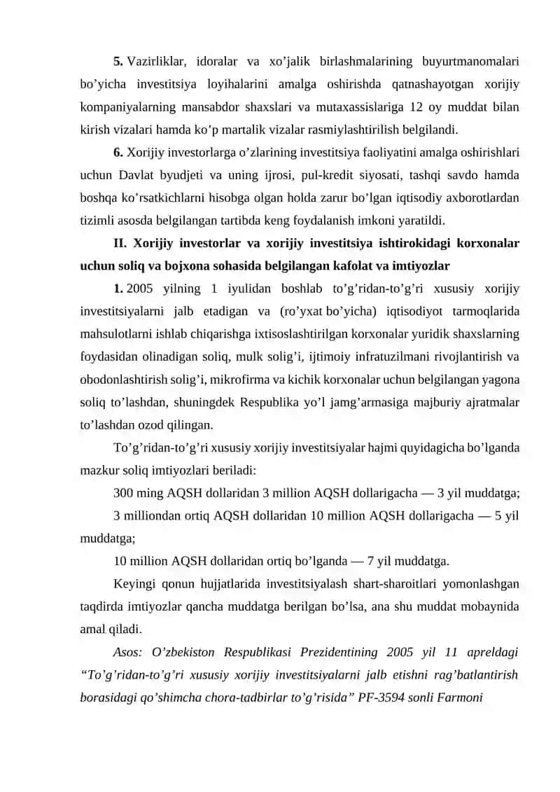 O'zbekiston Respublikasidagi chet el investorlariga berilgan moliyaviy imtiyozlar 3