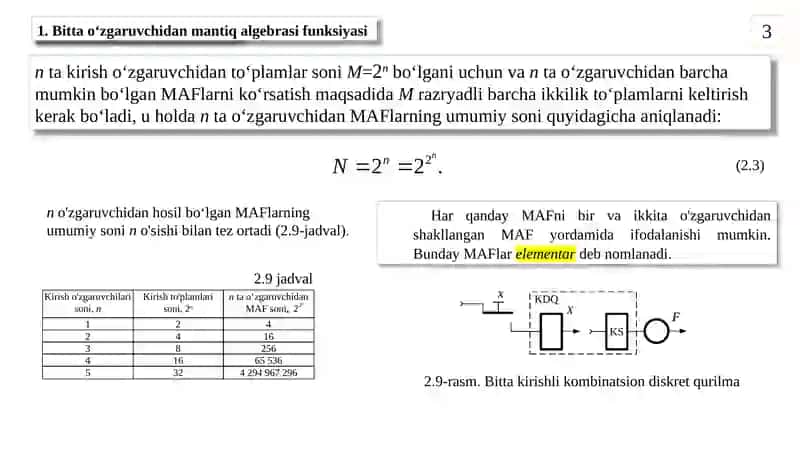 Mantiq algebrasi elementar funksiyalari. 3