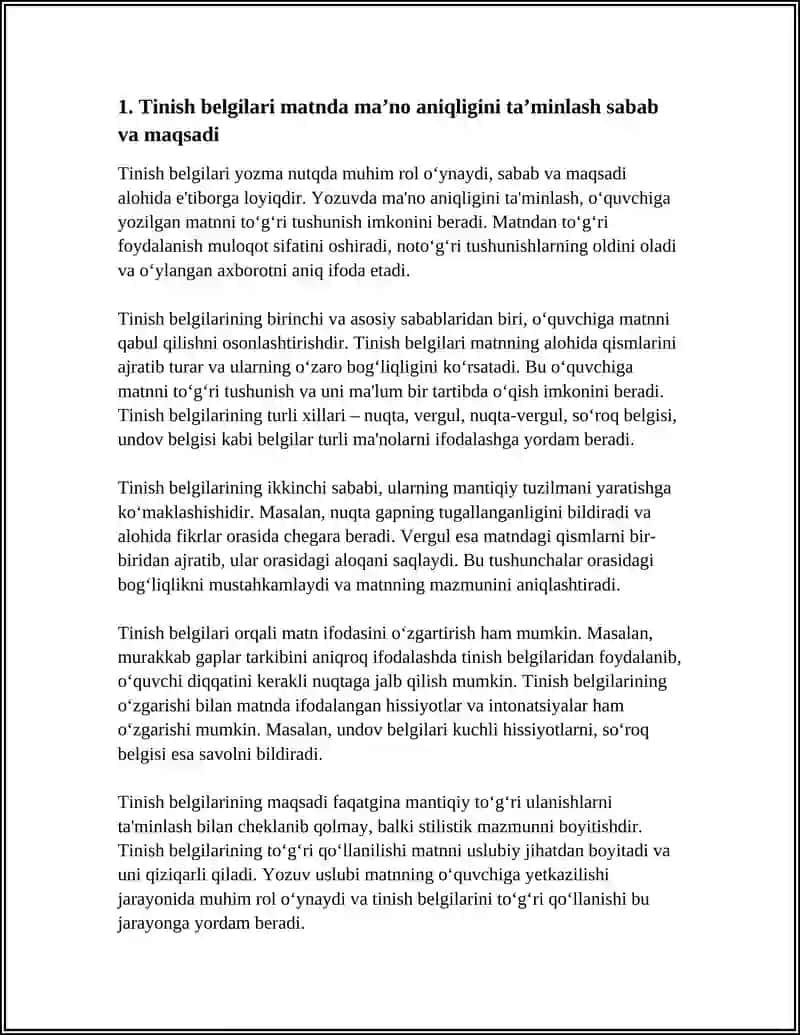 TINISH BELGILARINING MATNDA OʻRINLI QOʻLLANILISHI SABABLARI VA MAQSADI HAQIDA IZOHLOVCHI MULOHAZALAR YOZISH 3