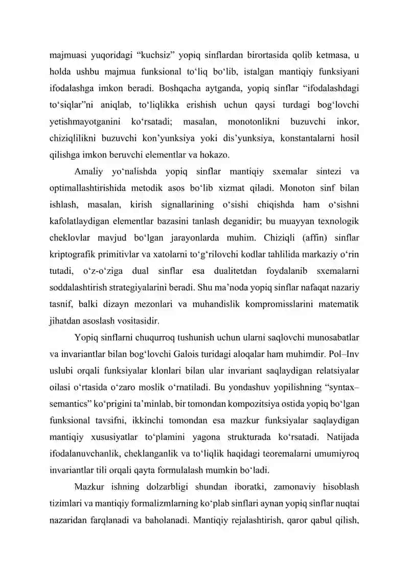 Mulohazalar algebrasida muhim yopiq sinflar 3