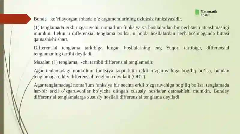 Differensial tenglamalar haqida tushuncha. Oddiy differensial tenglamalar orqali ifodalanuvchi ayrim fizik va geometrik masalalar 3