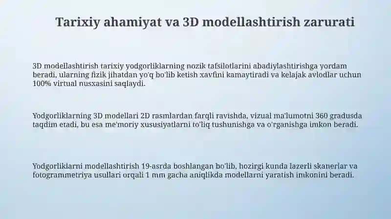 Obidalarni 3D modellashtirishning ahamiyati 3