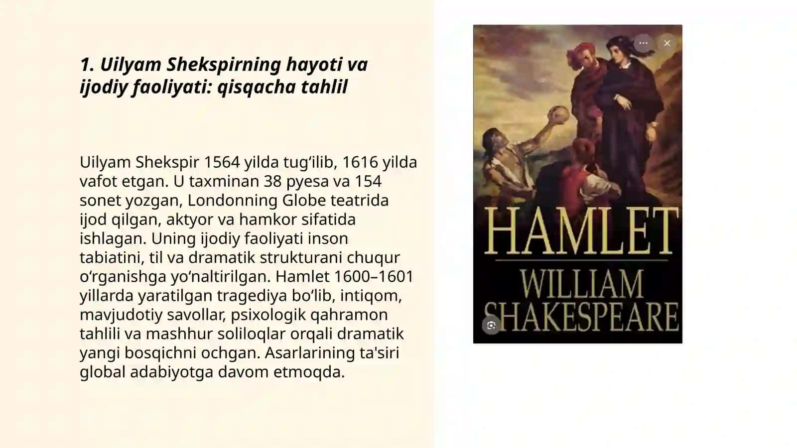 Uilyam Shekspir hayoti va ijodi "Hamlet" tragediyasi tahlili 3