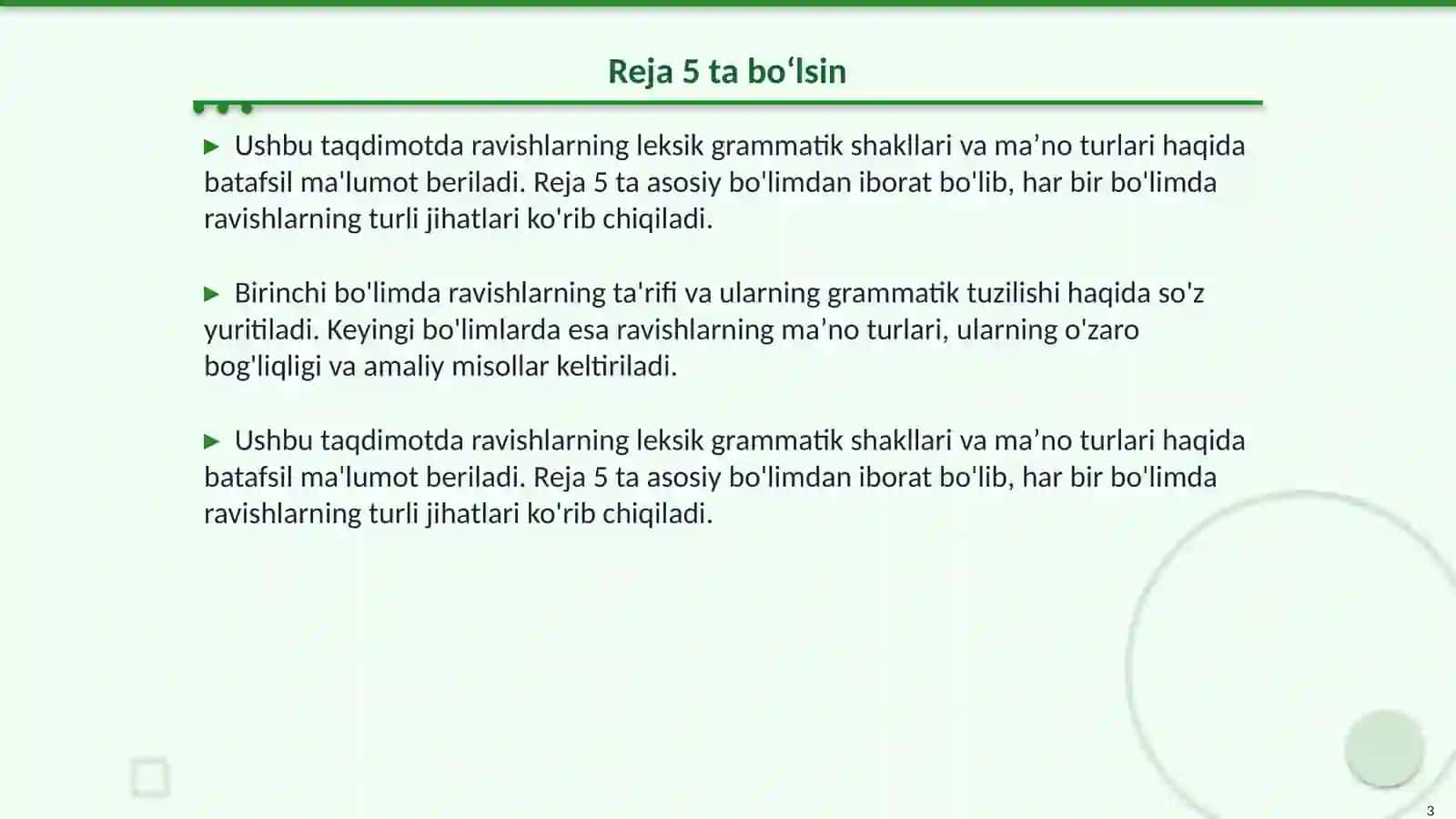 Ona tili fanidan Ravishlarning leksik grammatik shakllari, maʼno turlari 3