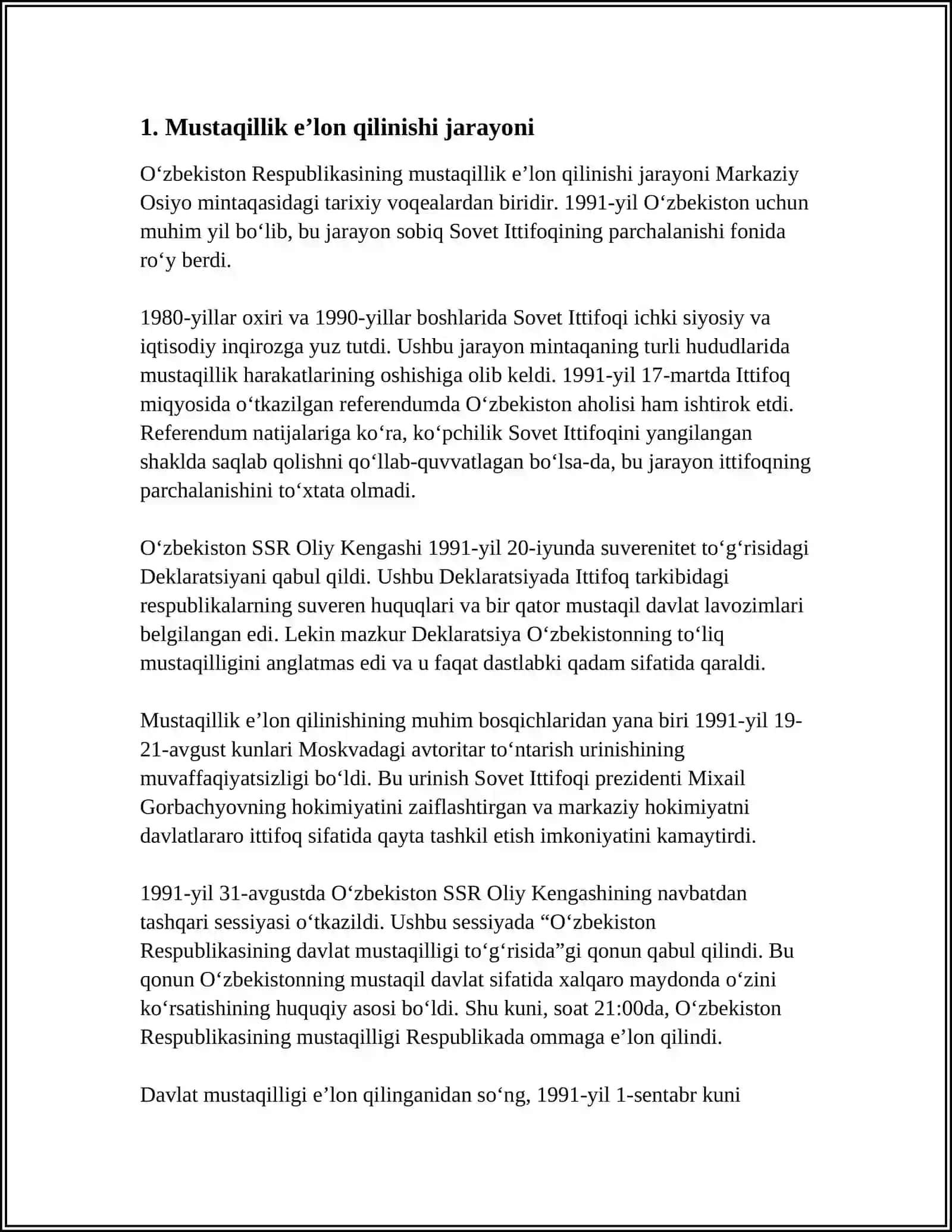 O'ZBEKISTON MUSTAQILLIKNING E’LON QILINISHI VA UNING TARIXIY AHAMIYATI 3