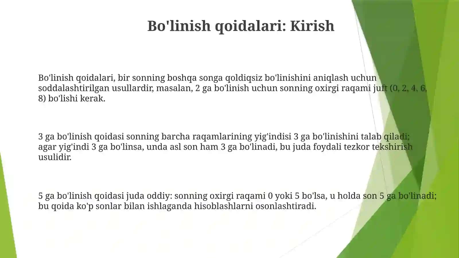 Bo'linish belgilari. Sonlarning umumiy bo'luvchisi va karralisi 3