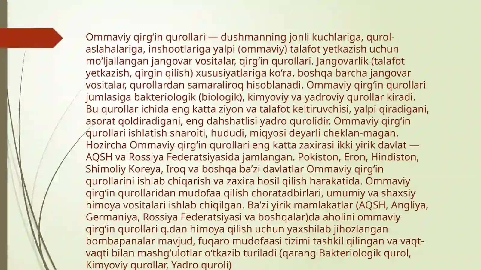 Ommaviy qirg’in qurollarining tasnifi. Jabrlanish o’chog’ining tibbiy taktik tavsifi. Yo’qotishlar. Yadroviy qurollar. Trotilekvi-valenti. Yadroviy portlash omillari 3