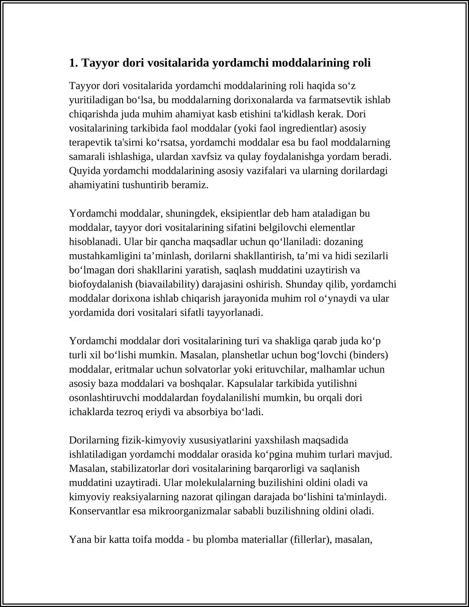 TAYYOR DORI VOSITALARINI ISHLAB CHIQARISHDA ISHLATILADIGAN YORDAMCHI MODDALAR 3