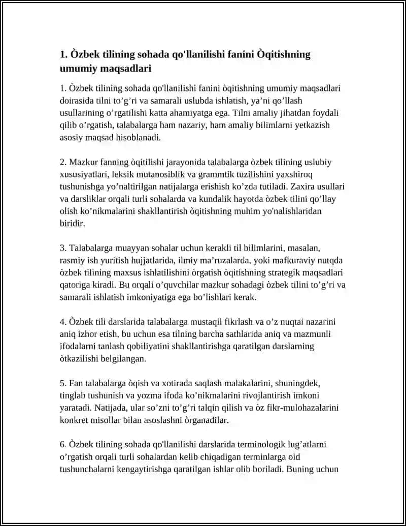 Òzbek Tilining Sohada Qo'llanilishi Fanini Òqitishning Maqsad va Vazifalari 3
