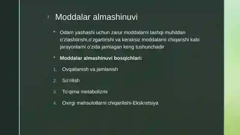 Katabolizm va anabolizm. Uning normal va patologik holatlardagi oʻzgarishi 3