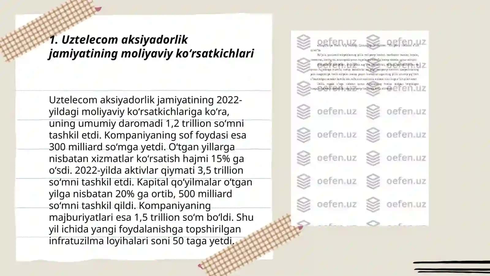 Uztelecom aksiyadorlik jamiyati tashkiliy strukturasi moliyaviy koʻrsatkichi dividend siyosati 3