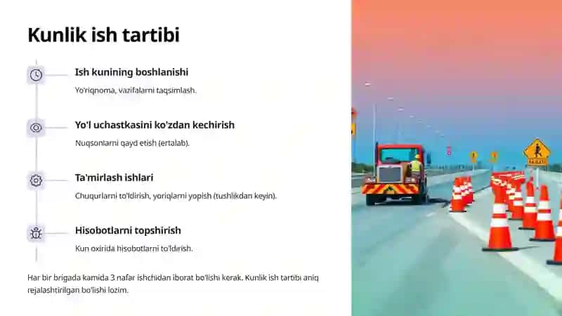 Yo'l xo'jaligi ishchilarining asosiy vazifalari va kunlik ish tartibi 3