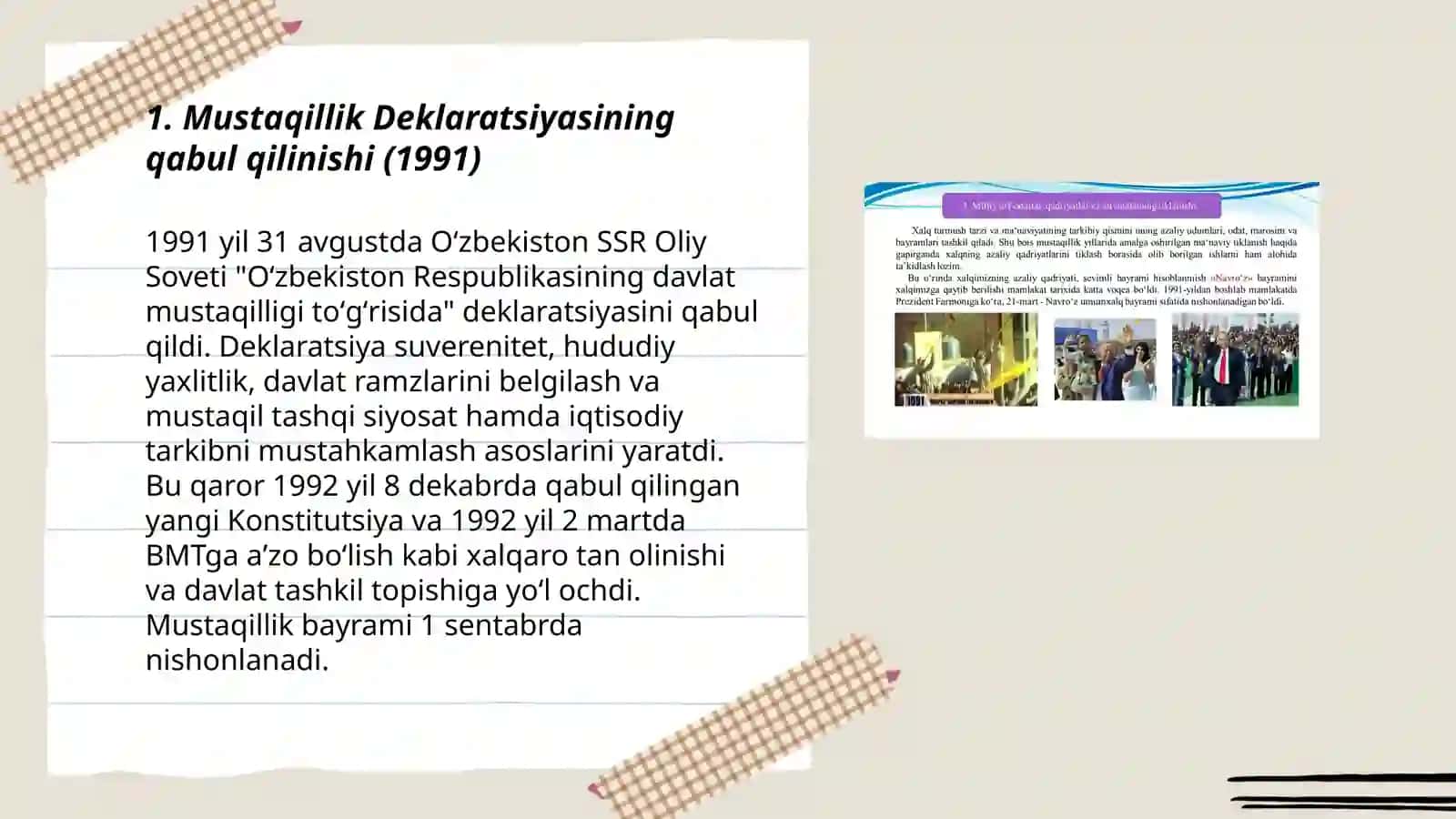 Mustaqil O'zbekiston Respublikasining tashkil topishi va uning tarixiy ahamiyati 3