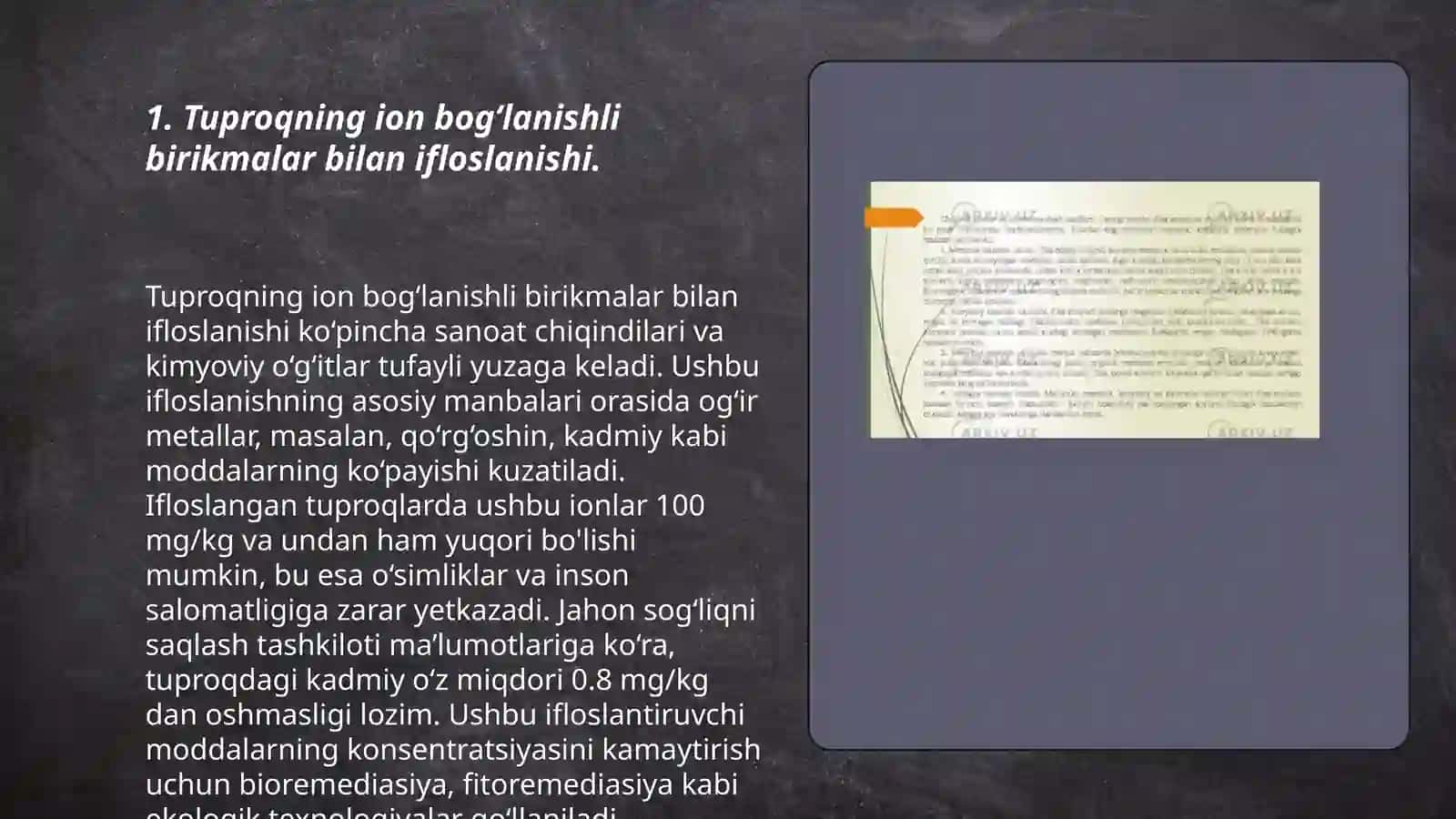 Tuproq suvning ifloslanishiga ion bog‘lanishli birikmalatni aniqlash 3