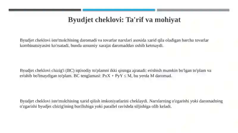 Byudjet cheklanganligi va iste'molchining muvozanatlilik sharti 3