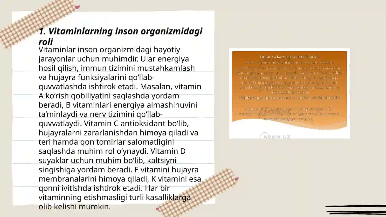 Vitaminlar,ovqatlanish ratsioni rejimi va tartibida doir masala mashqlar 3