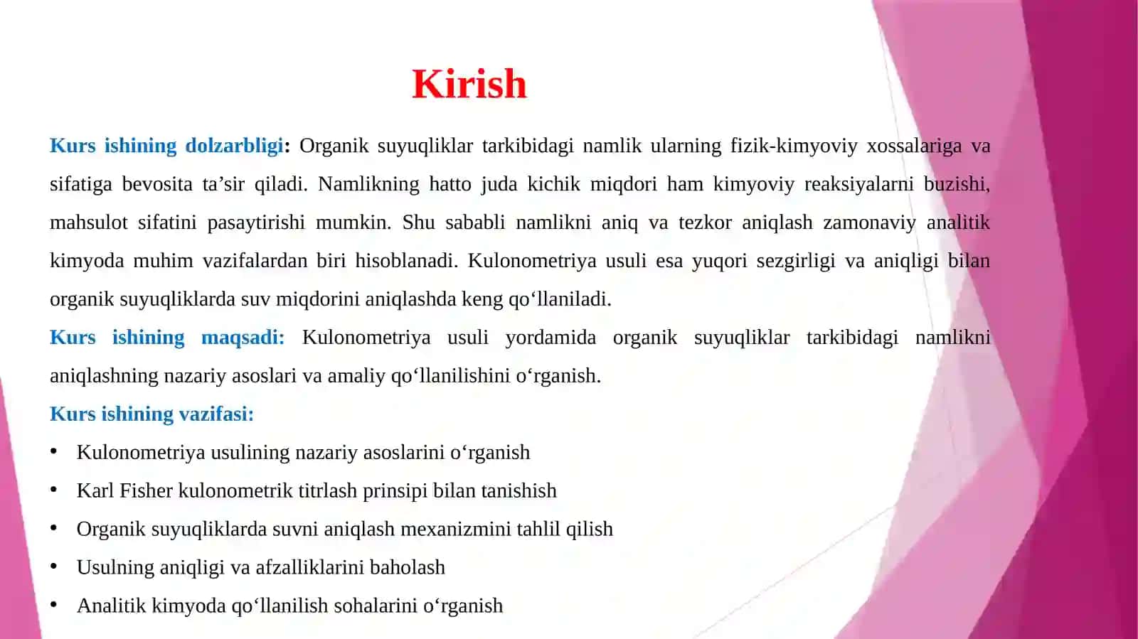 Kulonometriya usuli ning organik suyuqliklar tarkibidagi namlikni aniqlash da qo'llanilishi 3