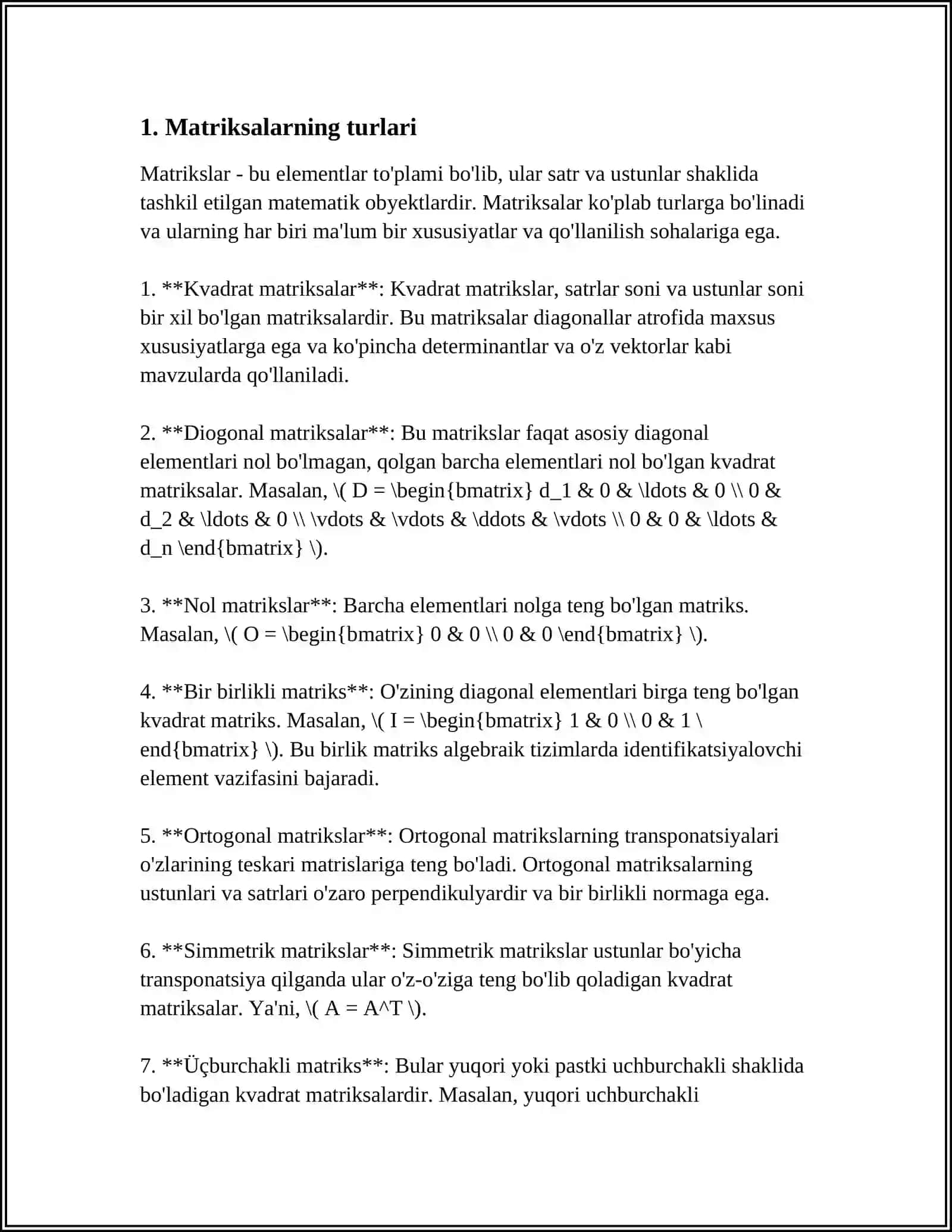 MATRITSALAR USTIDA AMALLAR. TESKARI MATRITSANI TOPISH. MATRITSANI RANGINI HISOBLASH 3