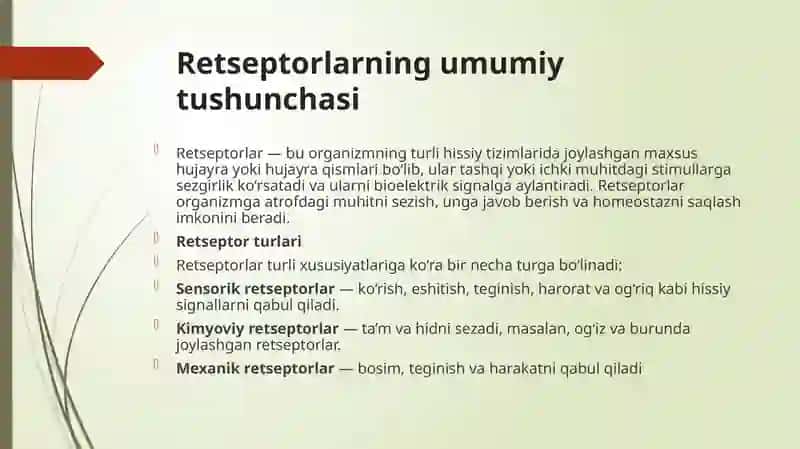 Retseptorlarda informatsiyalarni o‘zgartirishning biofizikaviy mexanizmlari va ta’m hamda hid bilish nazariyas 3