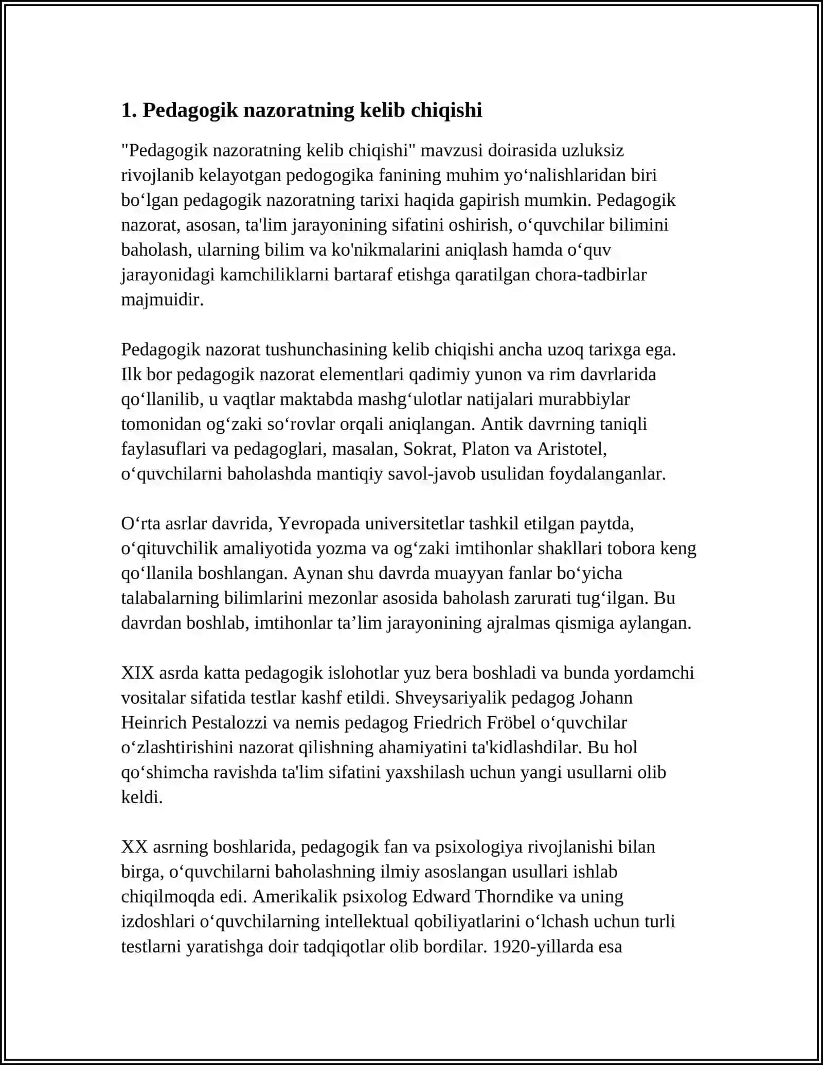 MUSTAQIL ISH Mavzu: PEDAGOGIK NAZORAT MASALALARINING TARIXIY TARAQQIYOTI 3