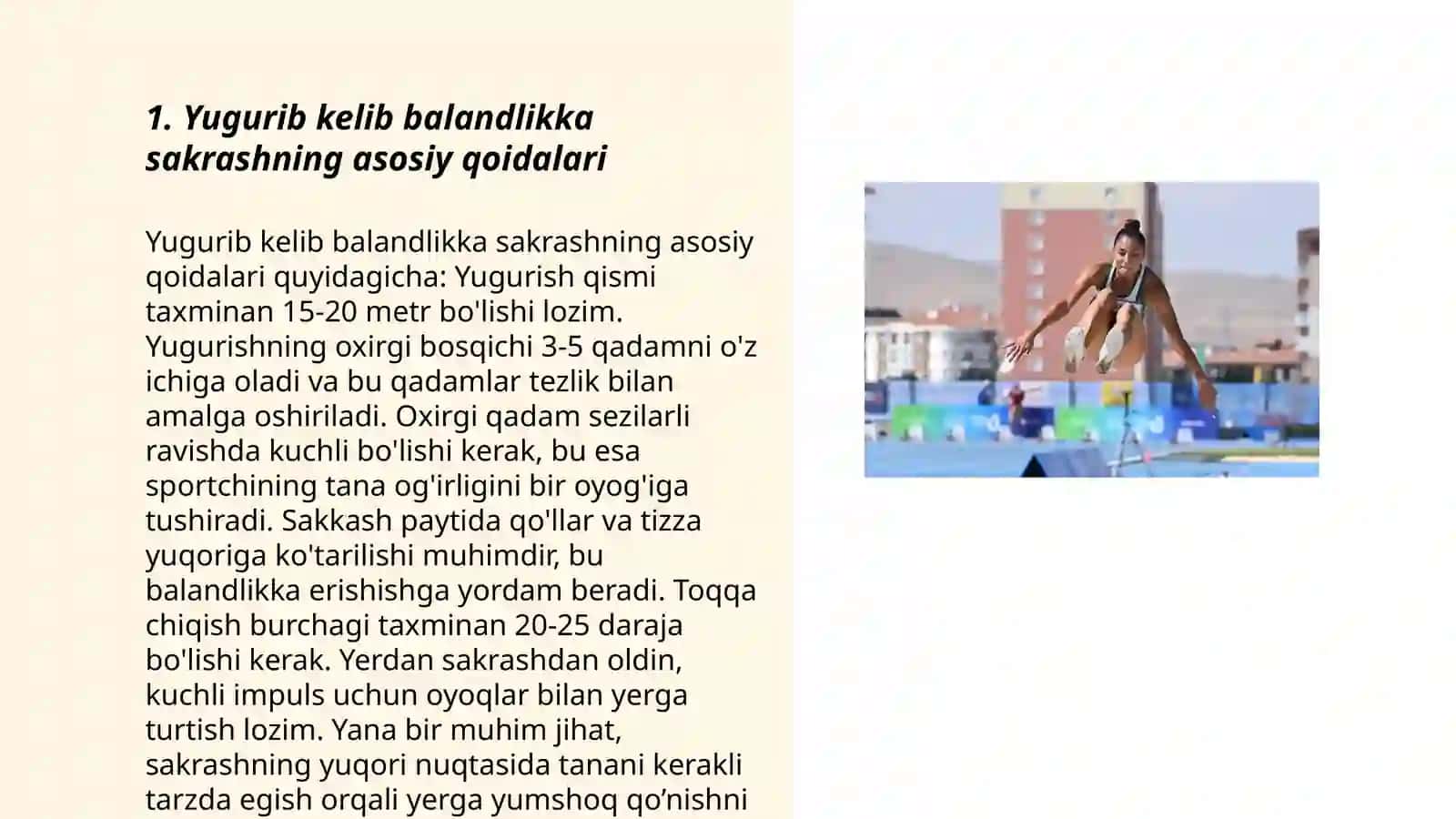 Yengil atletika.Yugurib kelib balandlikga sakrash texnikasini o'rgatish 3
