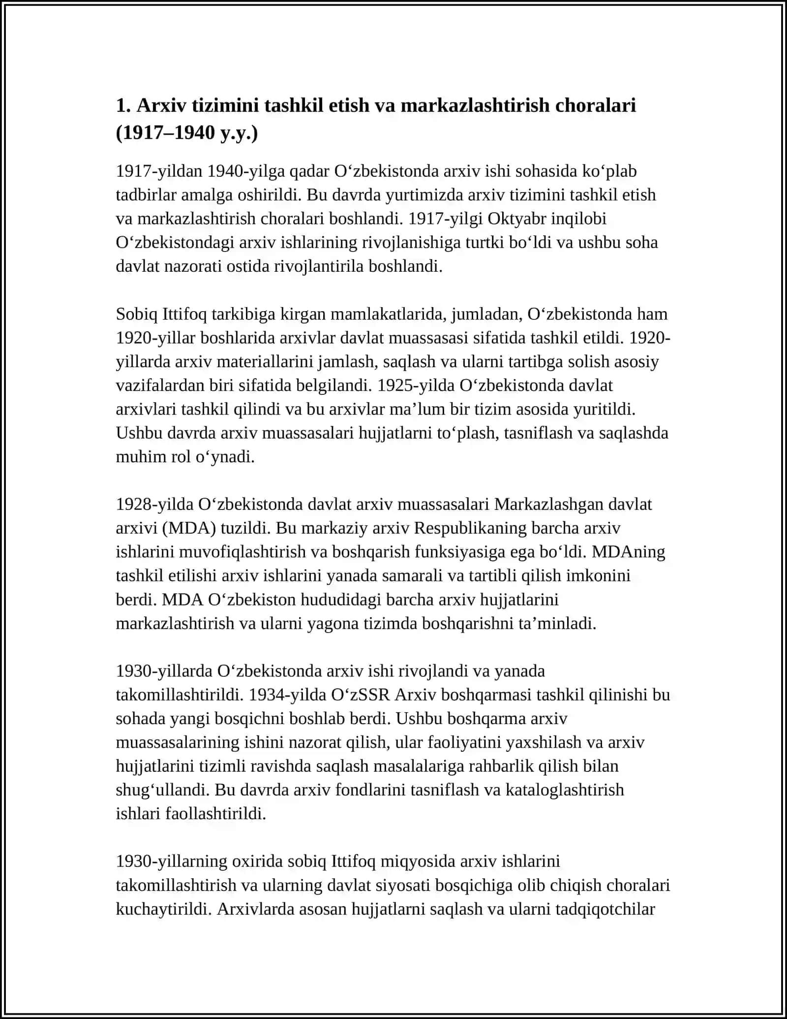 O‘ZBEKISTONDA ARXIV ISHI SOHASIDA AMALGA OSHIRILGAN TADBIRLAR (1917-1940 Y.Y.) 3