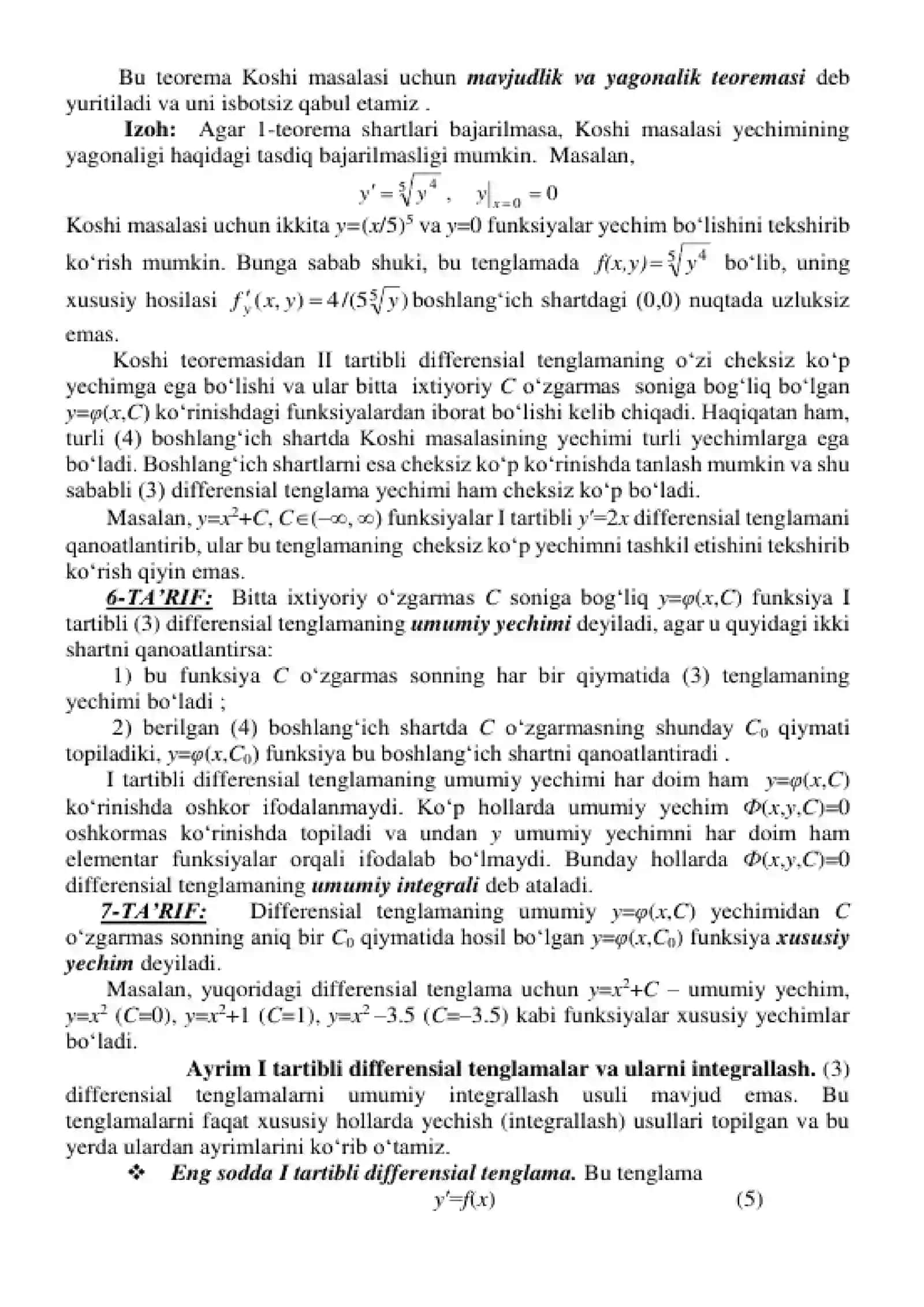13-ma'ruza. Oddiy differensial tenglama tushunchasi. Koshi masalasi. Yechimning mavjudligi va yagonaligi. O'zgaruvchilari ajralgan, ajraladigan bir jinsli birinchi tartibli dufferensial tenglamalar. Birinchi tartibli dufferensial tenglamalarning to'la differensiali, bir jinsli, chiziqli va Bernulli ko'rinishlari va ularni yechish usullari 3