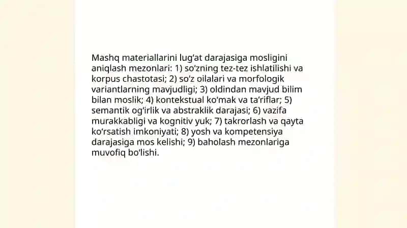 Mashq materiallarini lugʻat darajasiga mosligini aniqlash mezonlari 3