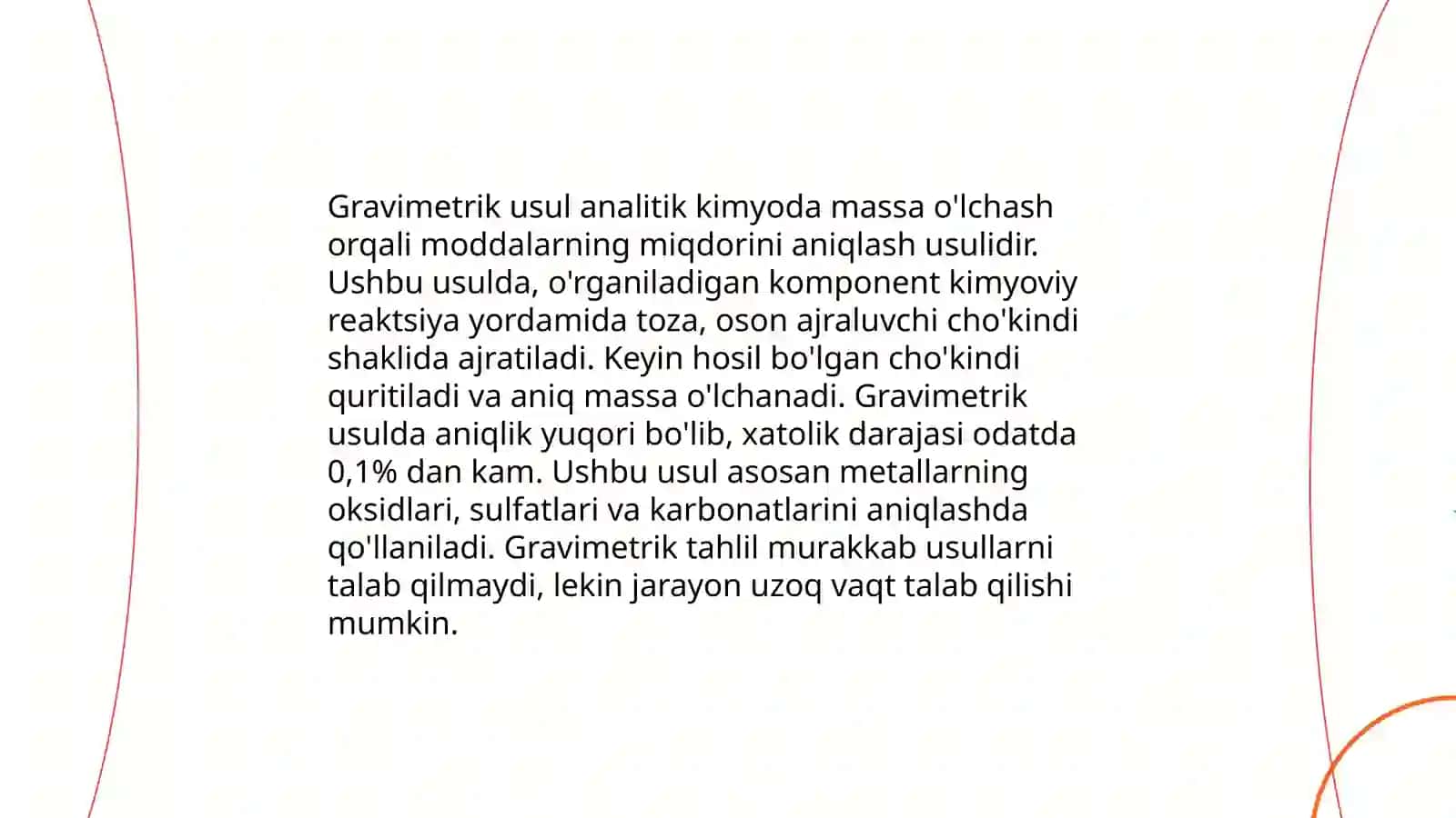 Gravimetrik motod mohiyati. choʻkma shakllari. choʻktiruvchi miqdorni hisoblash. kristal va amorf choʻkma olish sharoitlari 3