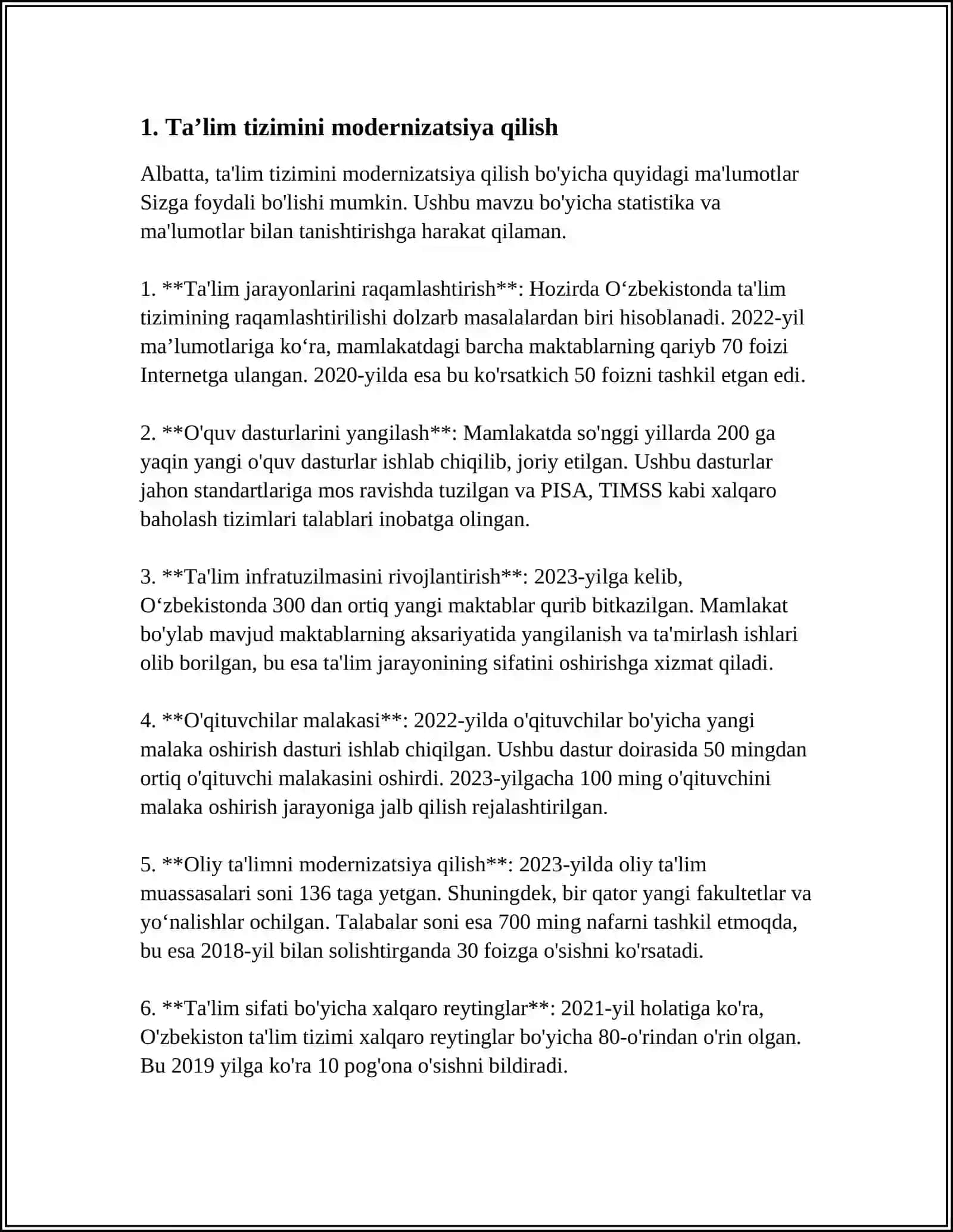 OʻZBEKISTON RESPUBLIKASIDA TAʼLIM TIZIMINI RIVOJLANTIRISHNING KONSEPTUAL ASOSLARI REFERAT 3