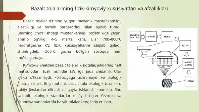Bazalt tolasi bilan mustahkamlangan kompozitlar (metal, keramik va polimer matritsa) va ularning qo'llanilishi 3