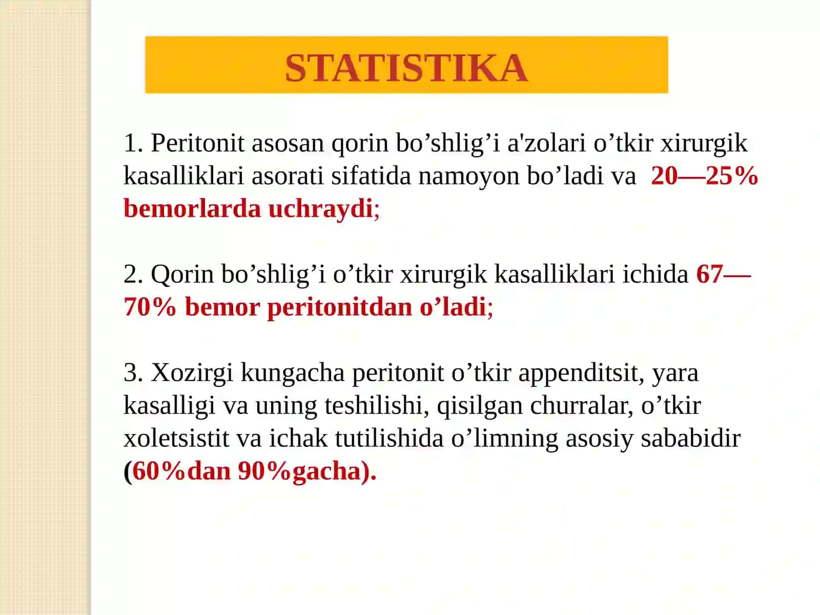 Peritonit. Birlamchi va ikkilamchi peritonitlar. Peritonit asoratlari 3