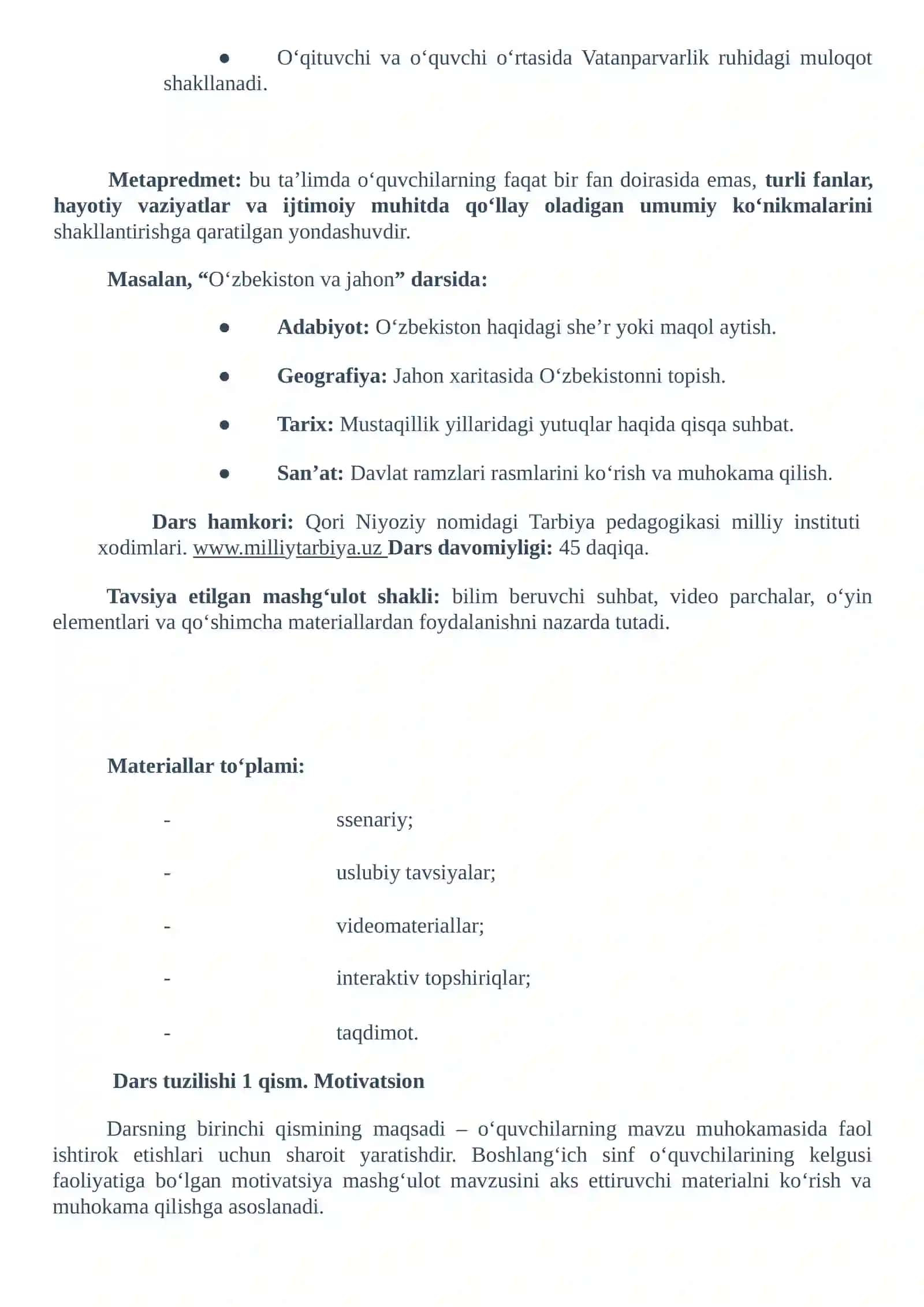 9-mavzu Darsining 1-4 sinflar uchun mashgʻulot ssenariysi: 9-mavzu: “Oʻzbekiston va jahon” 3