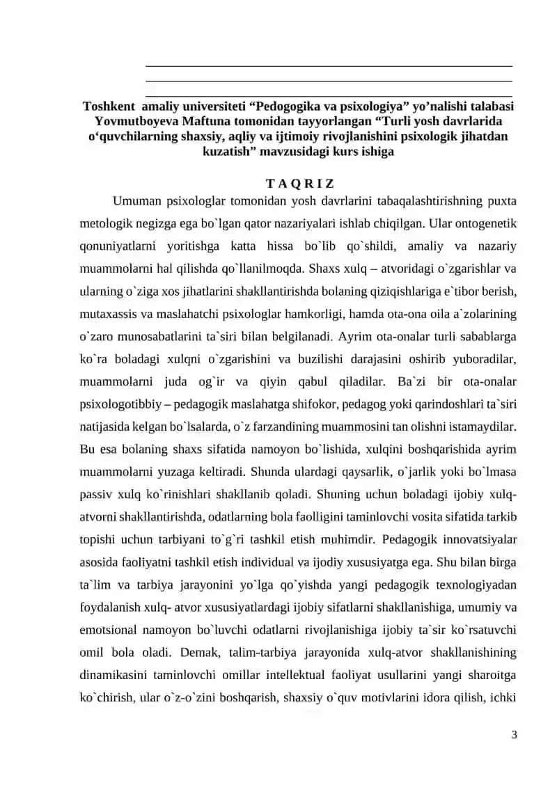 TURLI YOSH DAVRLARIDA O‘QUVCHILARNING SHAXSIY, AQLIY VA IJTIMOIY RIVOJLANISHINI PSIXOLOGIK JIHATDAN KUZATISH 3