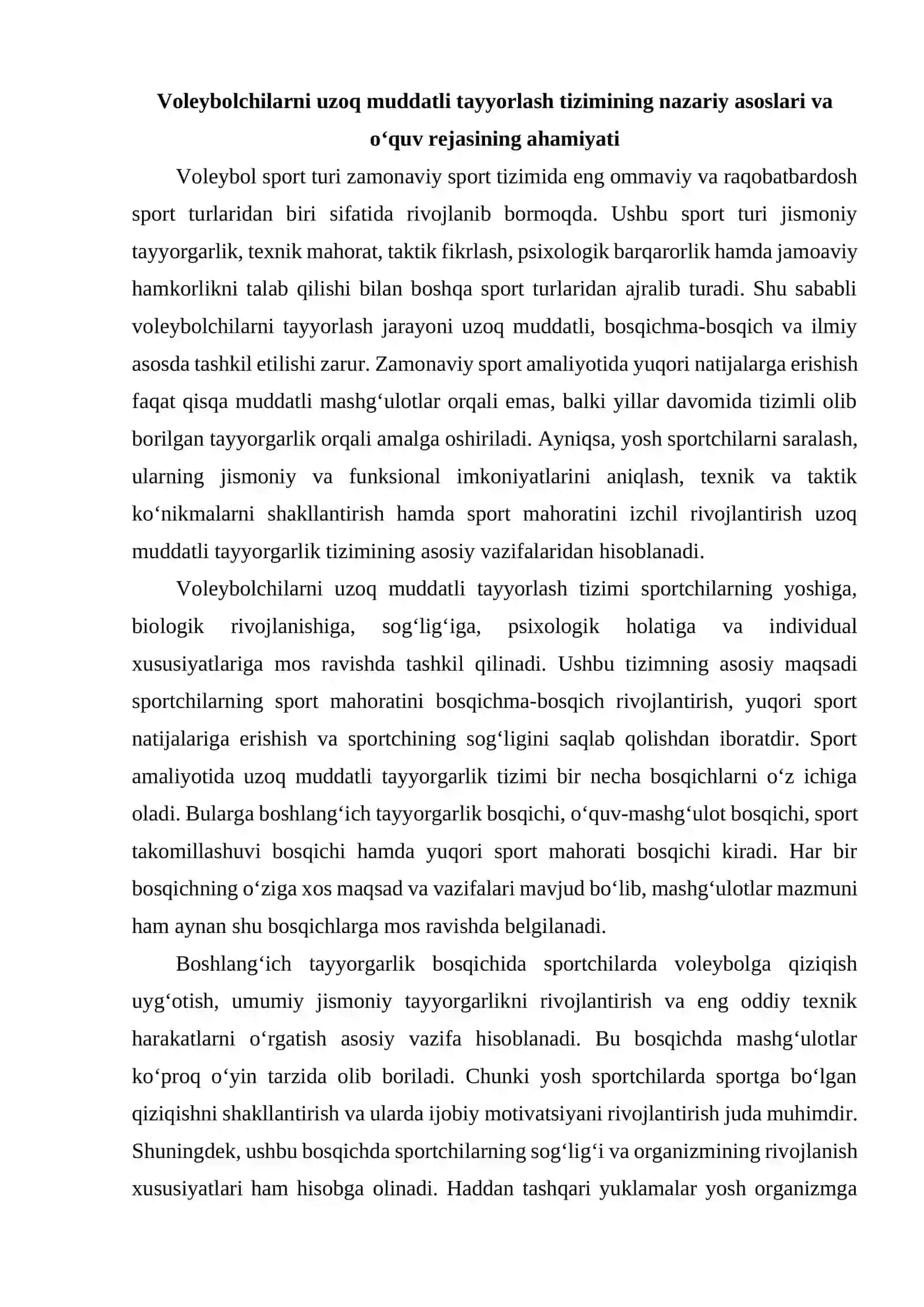 Voleybolchilarni uzoq muddatli tayyorlash bo'yicha o'quv rejasining me'yoriy qismi 3