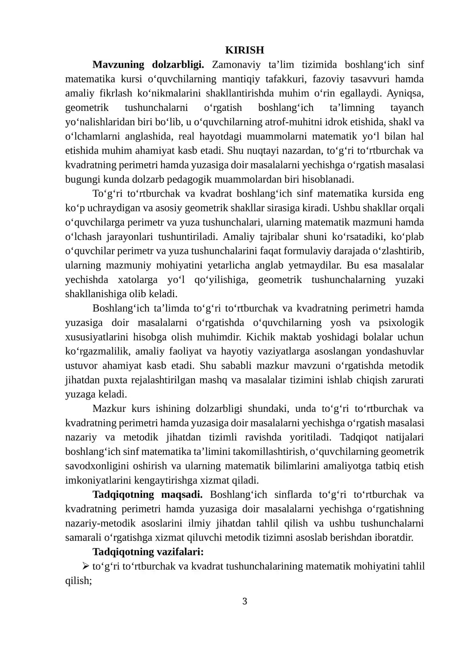 “TO‘G‘RI TO‘RTBURCHAK VA KVADRATNING PERIMETRINI, YUZAGA DOIR MASALALAR YECHISHGA O‘RGATISH” MAVZUSIDA TAYYORLAGAN KURS ISHI 3