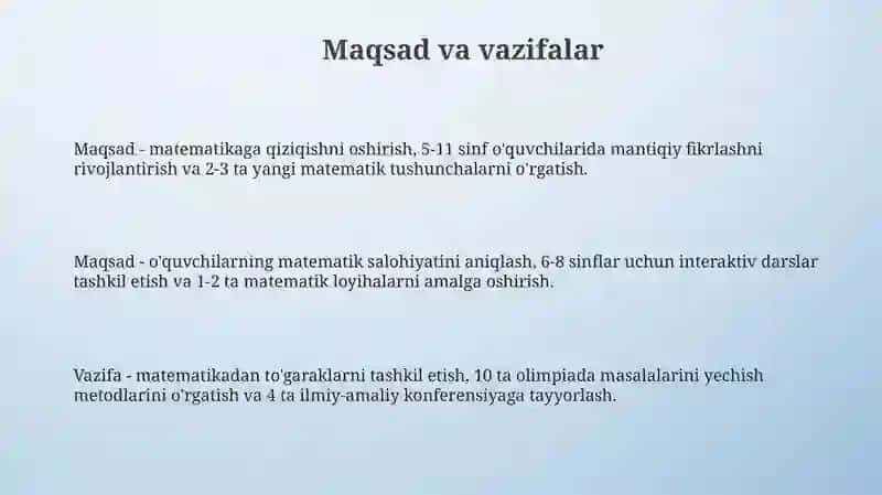 Matematikadan sinfdan tashqari ishlarni tashkil qilish fanining maqsad va vazifalari 3