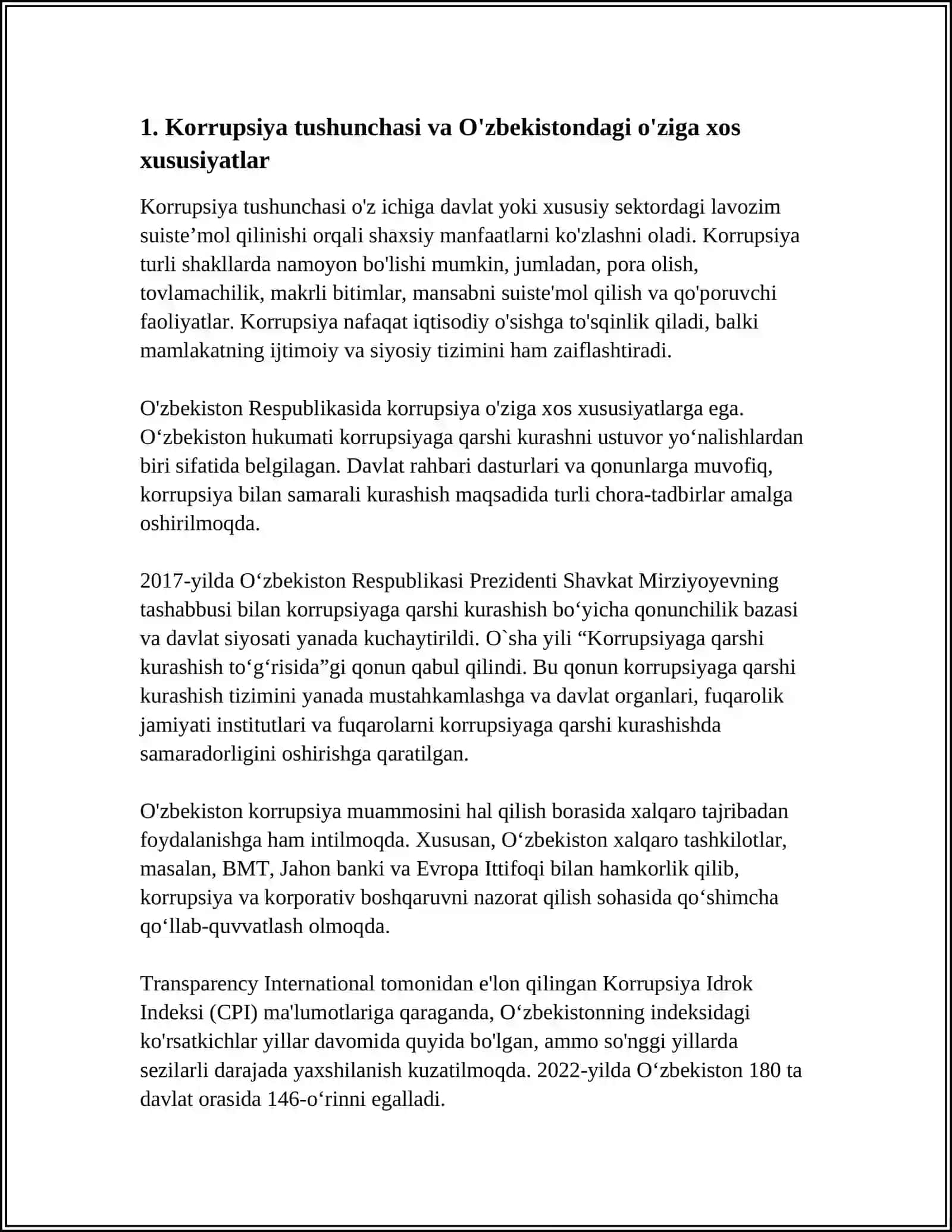 MUSTAQIL ISH Mavzu: O'ZBEKISTONDA KARRUPSIYA 3