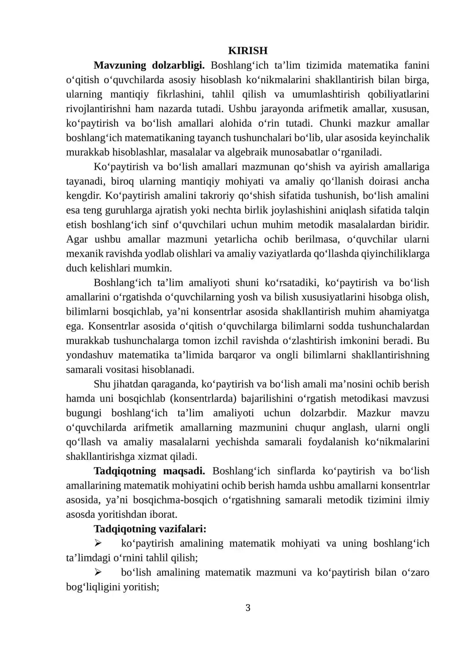 "KO‘PAYTIRISH VA BO‘LISH AMALI MA’NOSINI OCHIB BERISH HAMDA UNI BOSQICHLAB (KONSENTRLAR ASOSIDA) O‘RGATISH METODIKASI" 3