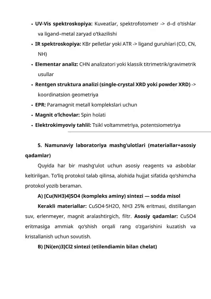 d-elementlarning kompleks birikmalarini sintez va analiz qilish usullari 3