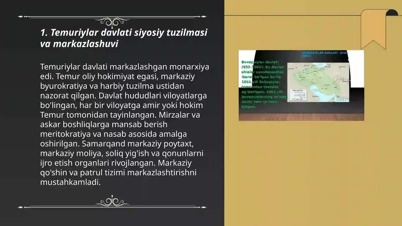 Rivojlangan o'rta asrlar davlatlari taraqqiyoti va tanazuli sabablari temuriylar va xorazmshoxlar 3
