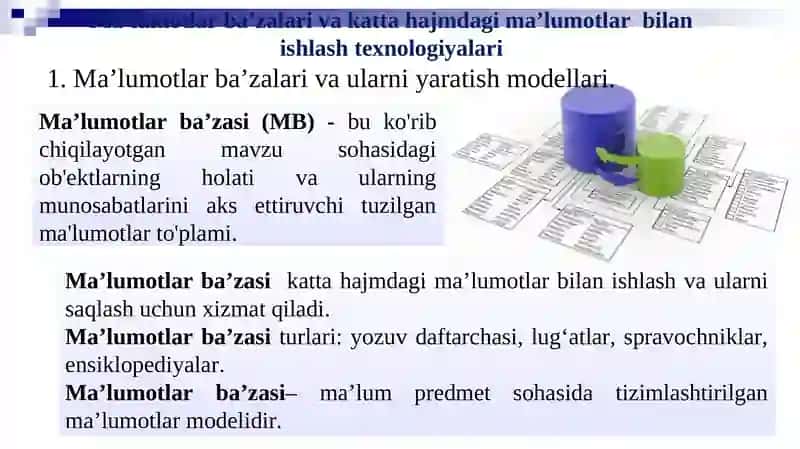 MA’LUMOTLAR BA’ZALARI VA BIG DATA BILAN ISHLASH TEXNOLOGIYALARI 3