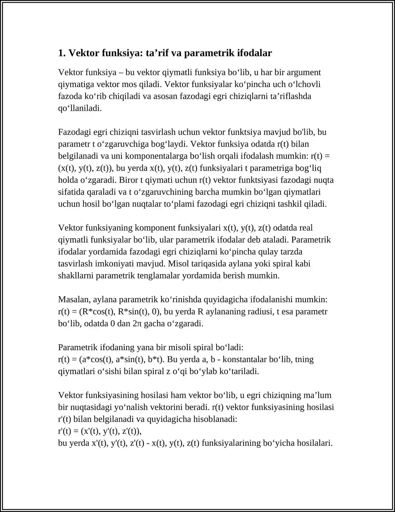 VEKTOR FUNKSIYA VA FAZODAGI EGRI CHIZIQLARI 3