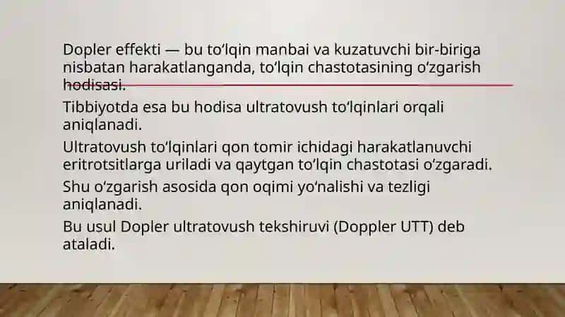 DOPLER EFFEKTI. QON OQIMI TEZLIGINI ANIQLASH. YURAK QON TOMIRLARIDA BOSIMNING TAQSIMLANISHI 3