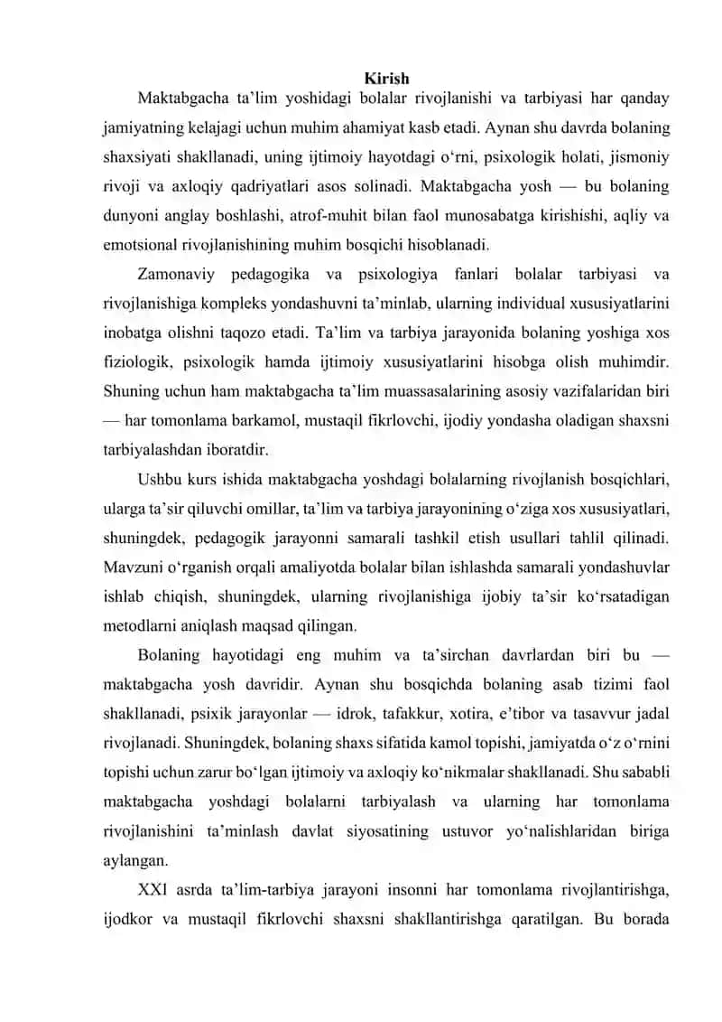 Maktabgacha talim yoshdagi bollarning rivojlanishi va tarbiyasi mavzusida kurs ishi 3