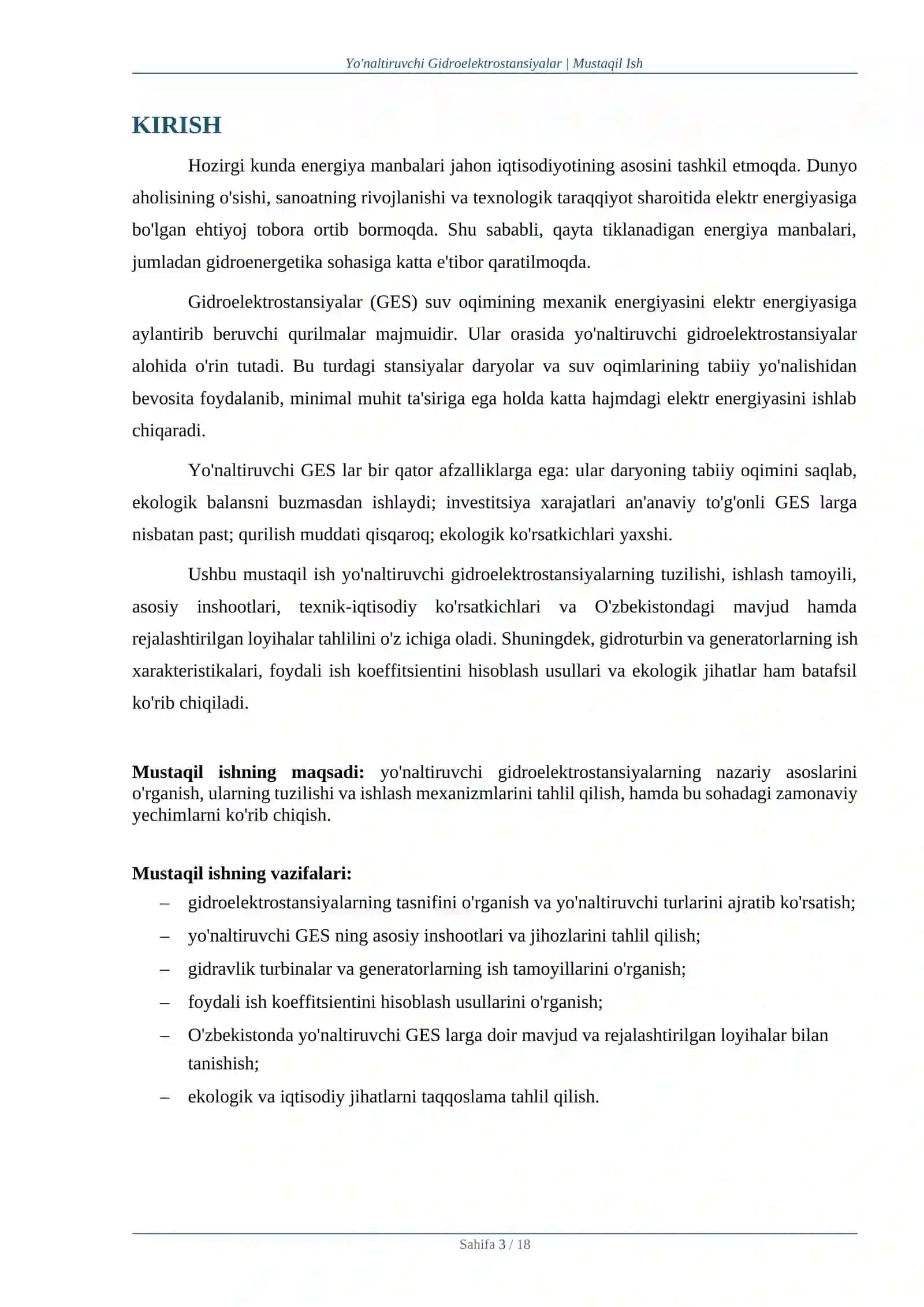 Issiqlik texnikasi va Gidroenergetika fanidan "Yo'naltiruvchi Gidroelektrostansiyalar' mavzusida mustaqil ish 3