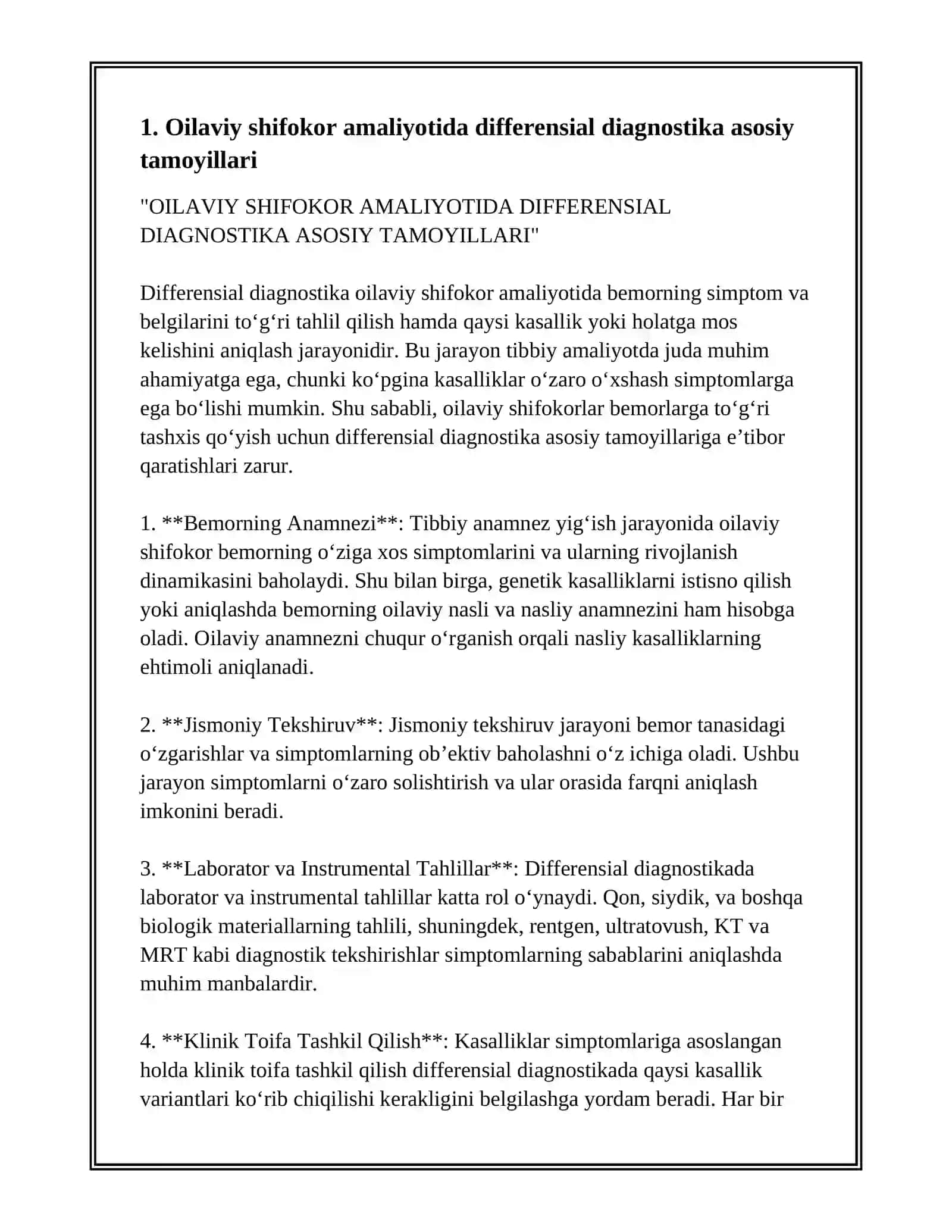 OILAVIY SHIFOKOR AMALIYOTIDA DIFFERENSIAL DIAGNOSTIKA. KLINIK GENETIKA. OILAVIY NASLIY ANAMNEZ 3