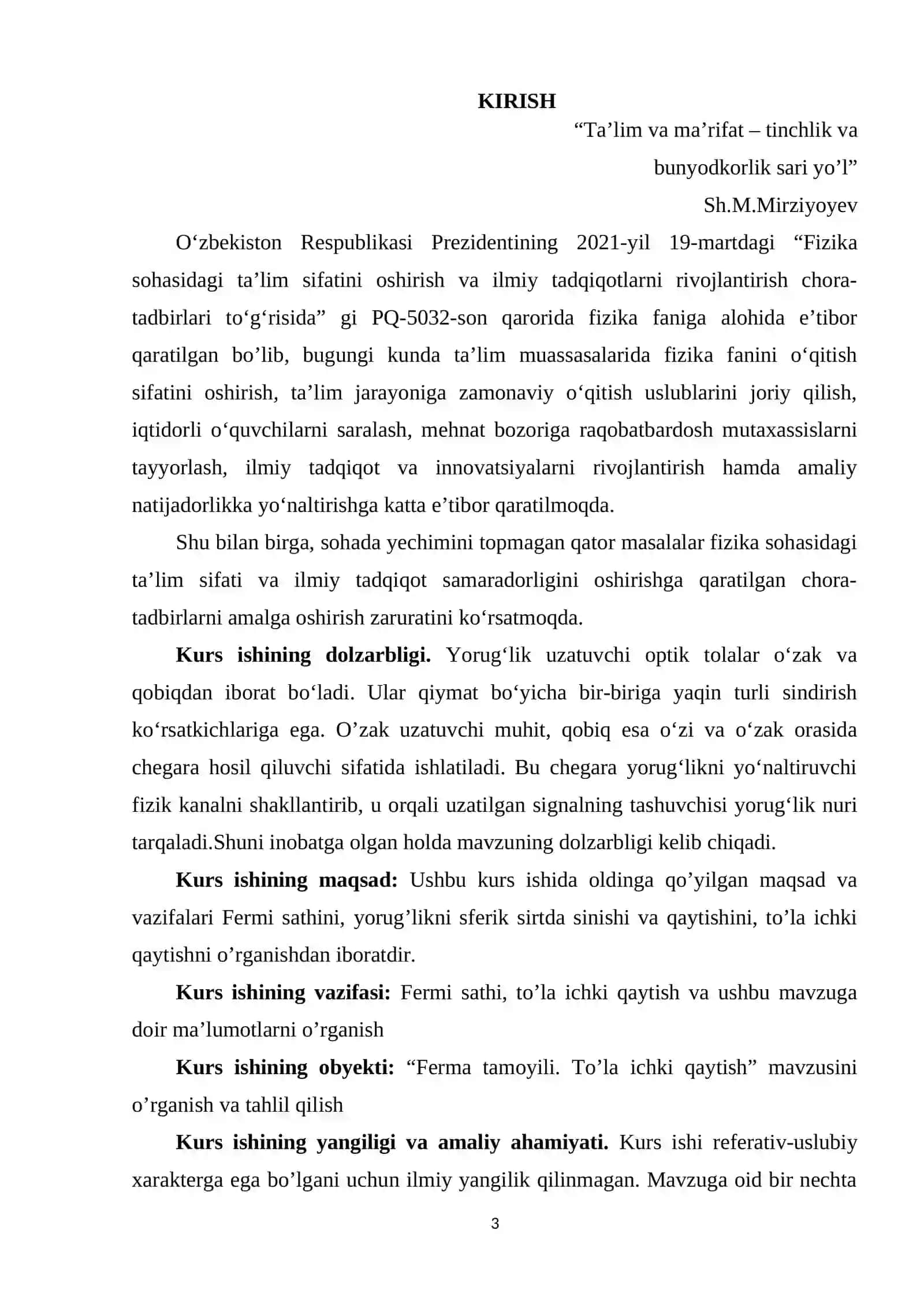 Optika fanidan "Fermi tamoyili to'la ichki qaytish" mavzusidagi KURS ISHI 3