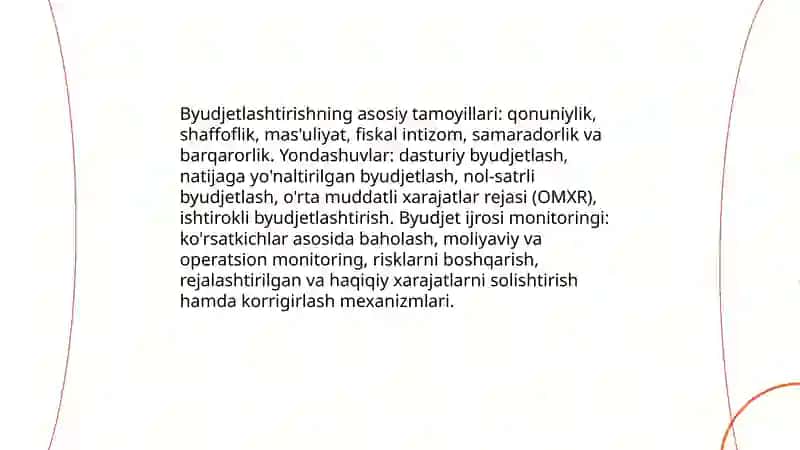 Byudjetlashtirishga yondashuvlar. Byudjet ijrosi monitoringi 3