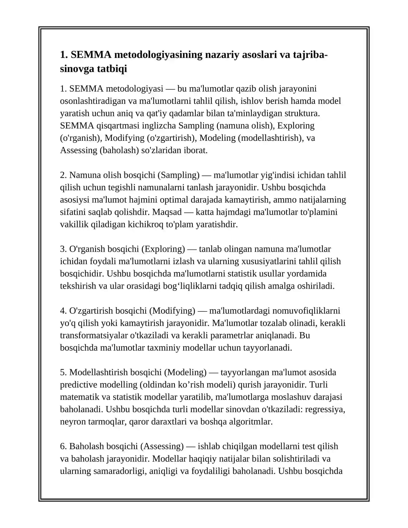 MUSTAQIL ISH - SEMMA METODOLOGIYASI BO'YICHA TAJRIBA-SINOV ISHLARINI AMALGA OSHIRISH 3